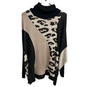 Joseph A Animal Print Turtleneck Button Sleeve Poncho Sweater Chic